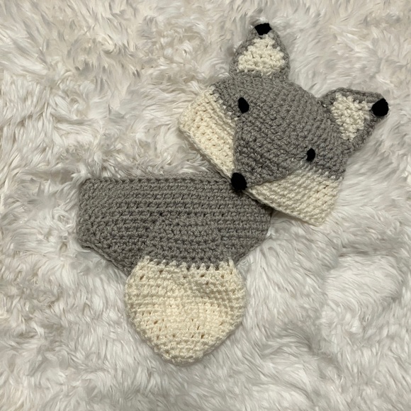 Other - Gray and Cream Fox crocheted hat and diaper cover Set